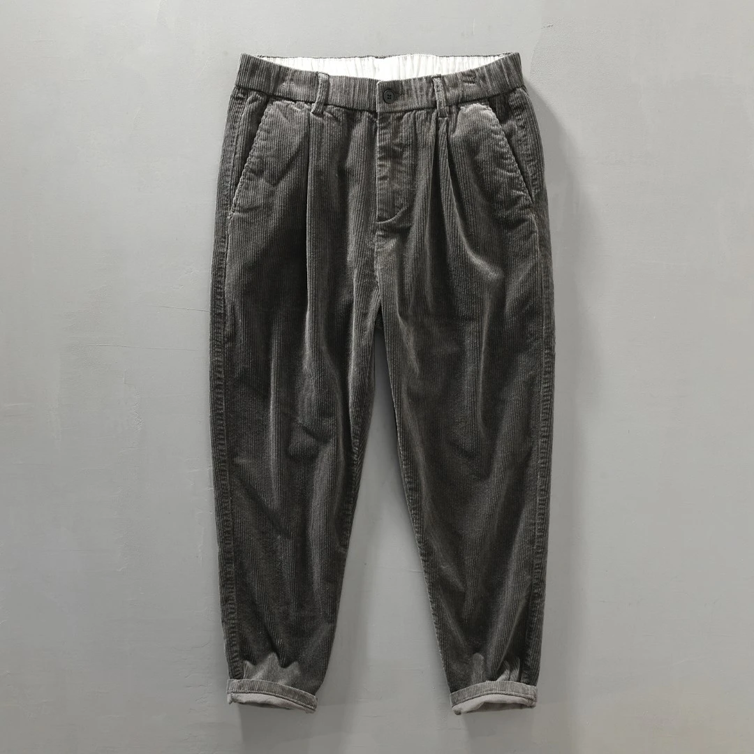 H009极麻复古灯芯绒直筒小脚休闲裤男士秋季宽松青年条绒纯棉九分