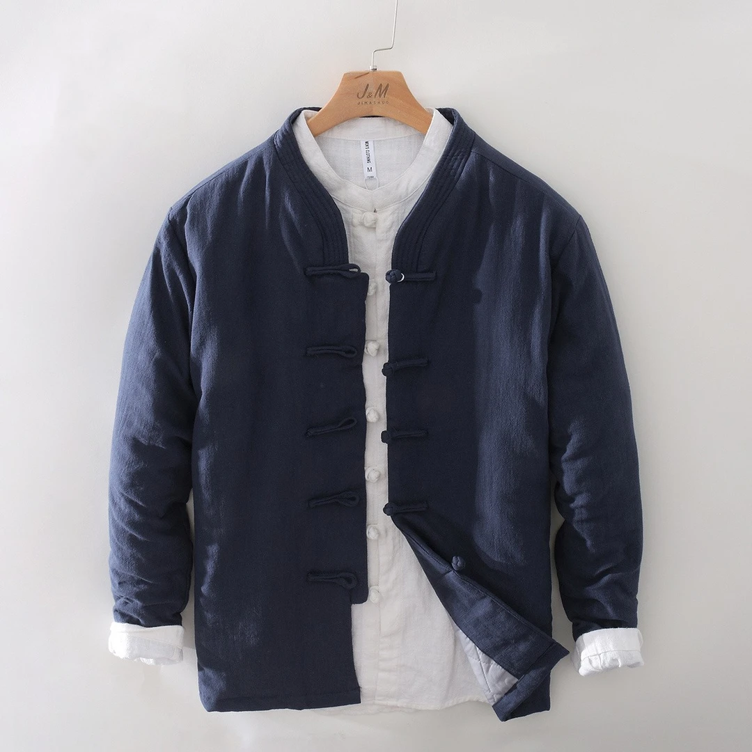 9062 立领盘扣保暖棉麻棉衣男中国风复古加厚宽松青年亚麻外套