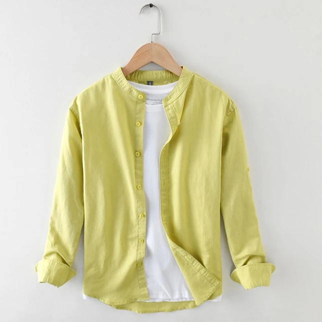 清新立领基础长袖棉麻衬衫男士休闲青年透气宽松衬衣