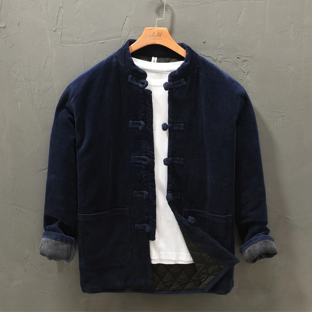 L123极麻复古立领盘扣保暖灯芯绒棉服男宽松百搭休闲中式上衣外套