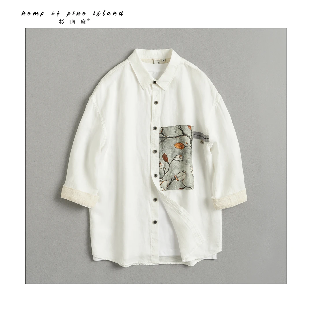 砚影男士夏季新款版袖衬衣2024宽松休闲七分袖天丝麻男衬衫