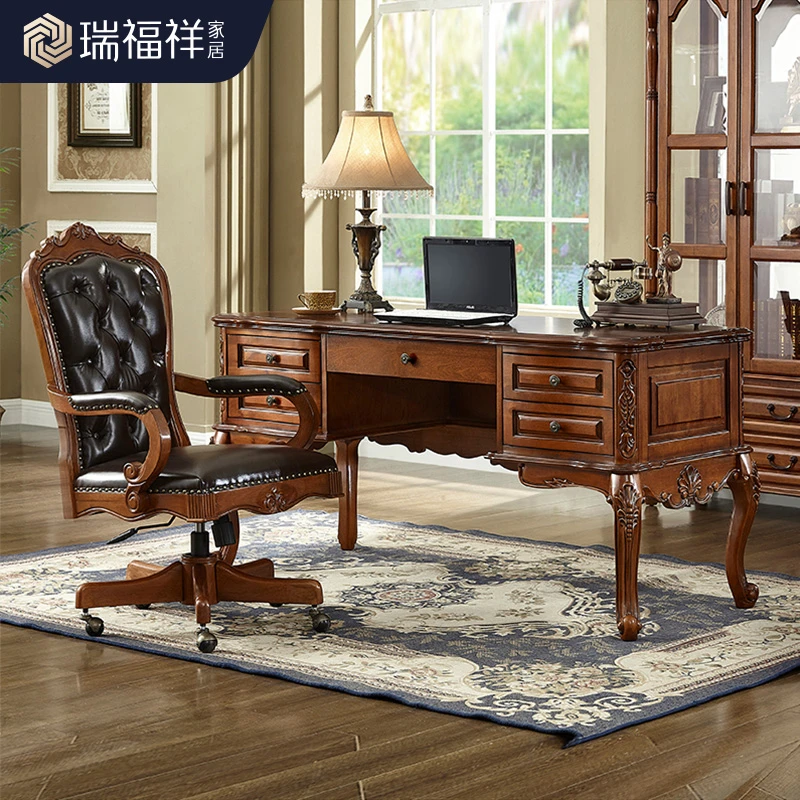 瑞福祥 美式书桌椅组合家用办公桌欧式实木雕花书房电脑桌AG246