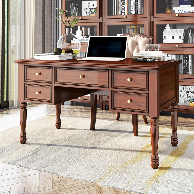 瑞福祥美式实木书桌轻奢书房家用办公桌带抽欧式电脑桌1.4米AG452