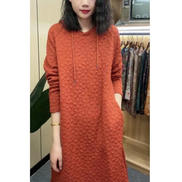 初春新款休闲装中老年妈妈装砖红色连帽加长款卫衣