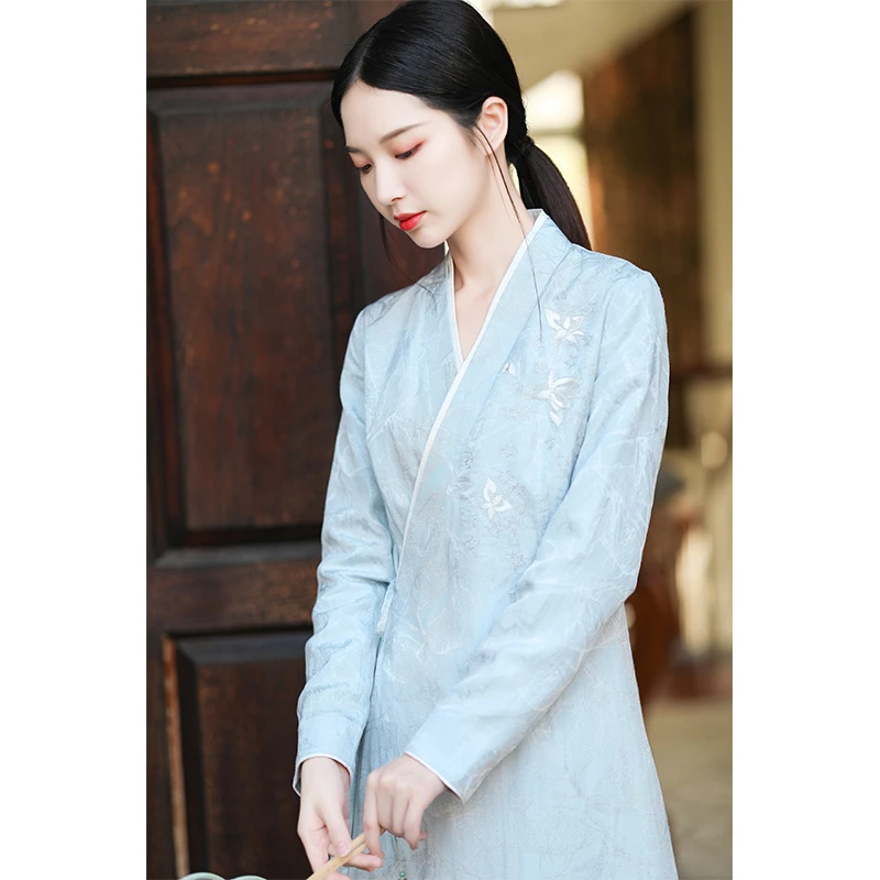 【清歌】中式国风茶服春秋改良汉服长裙交领禅意连衣裙茶艺师服装