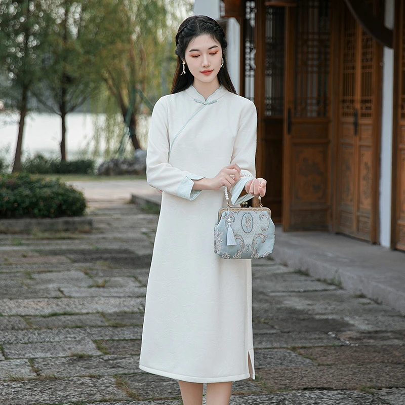 秋冬中国风女装气质长款连衣裙中式立领禅意茶服长袖加绒加厚汉服