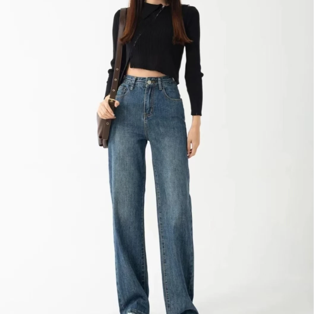 【良】时尚百搭显瘦复古高腰直筒阔腿烟管法棍