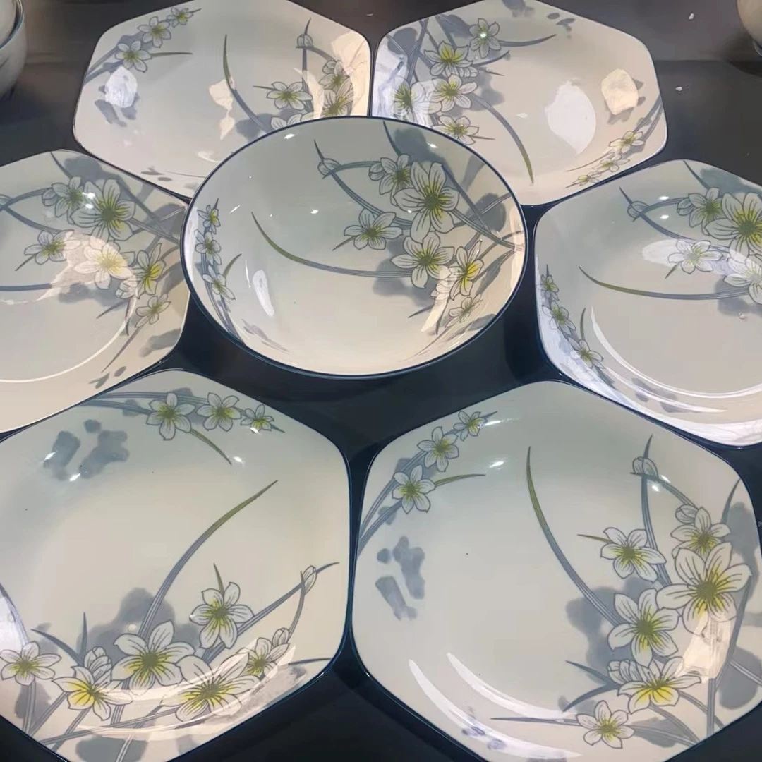 水仙花六角盘菜盘加大汤碗到手7件套家用釉下彩陶瓷餐具盘子餐盘