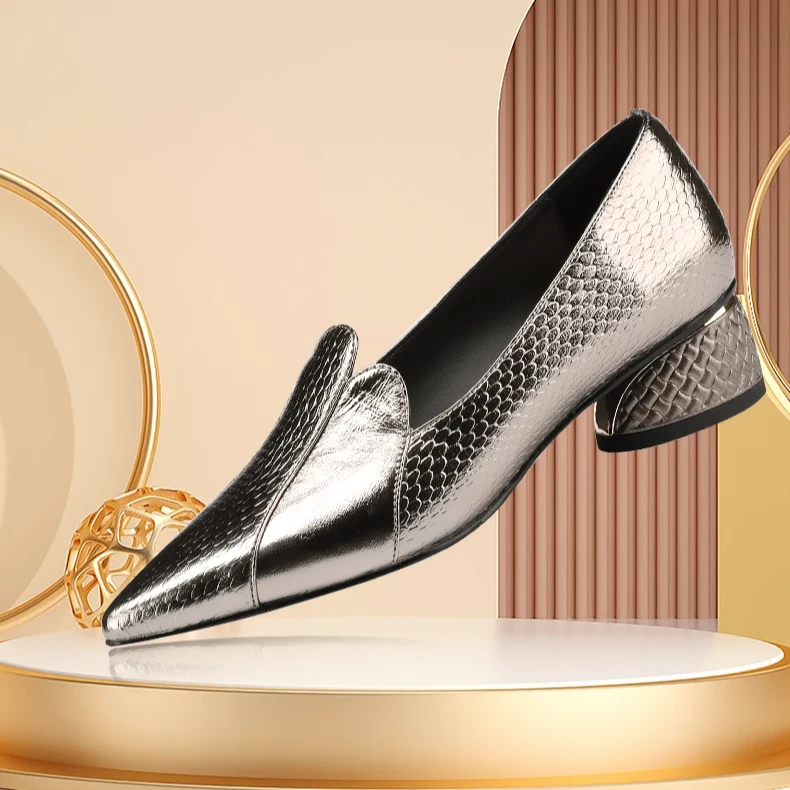 秋季新款粗跟单鞋中口尖头中跟鞋百搭浅口高跟鞋皮鞋拼接四季女鞋