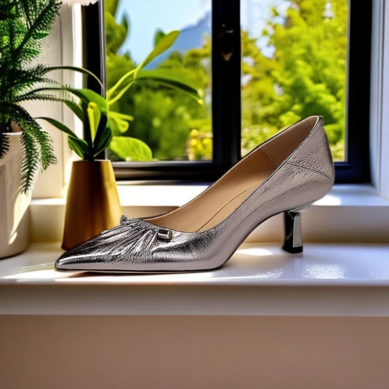 JESSICA SOPHIA上脚潮范褶皱浅口尖头枪色高跟鞋女斩男细跟不累脚