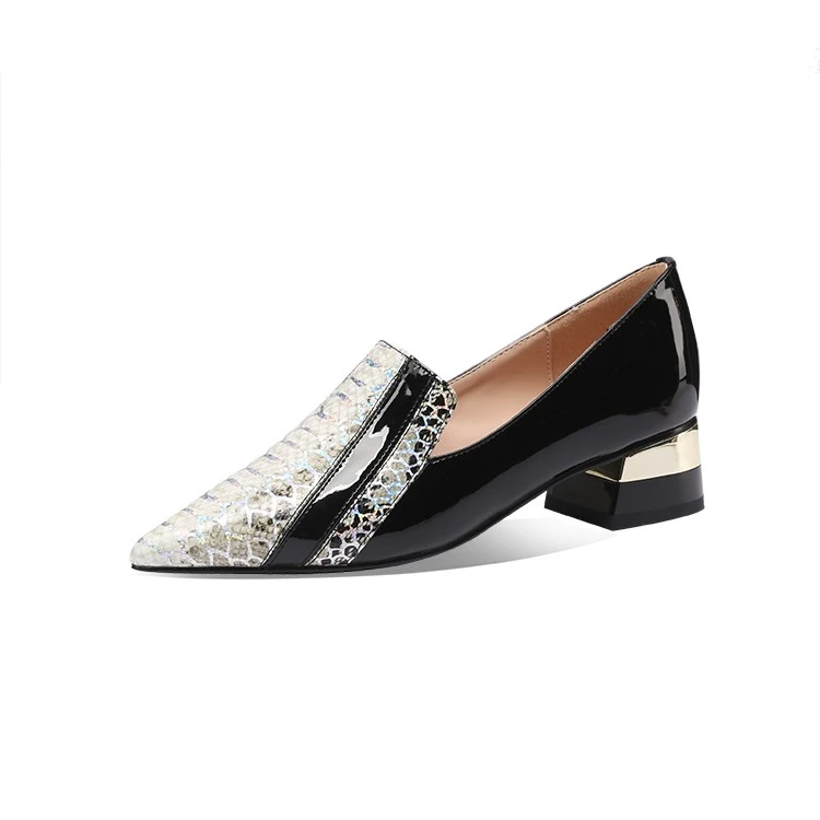 纯手工鞋百搭新款秋季时尚黑白拼色尖头中口单鞋女粗跟真皮女鞋