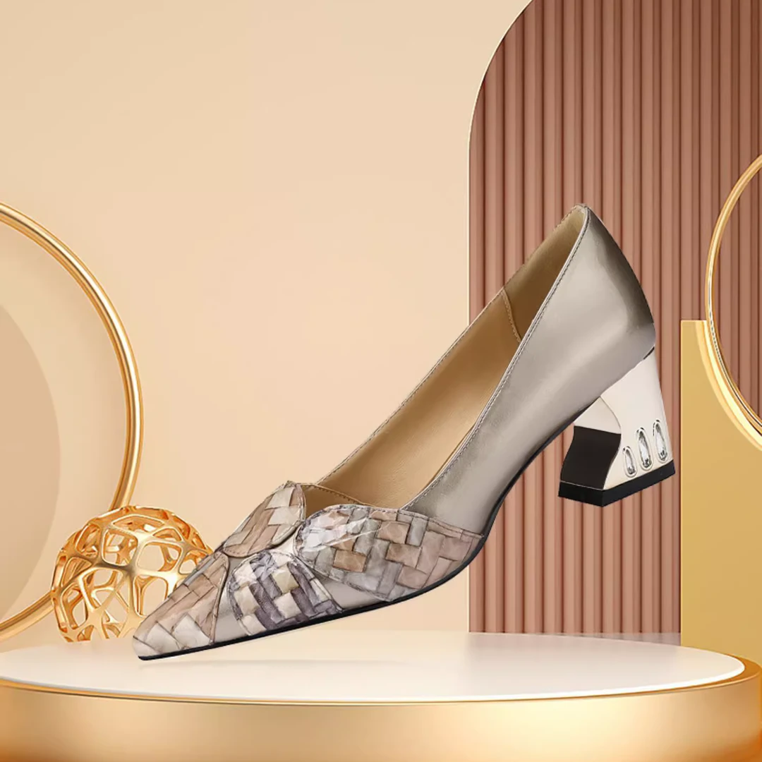 法式2025年春秋舒适粗跟女鞋子气质尖头单鞋女格纹拼接中跟鞋子女