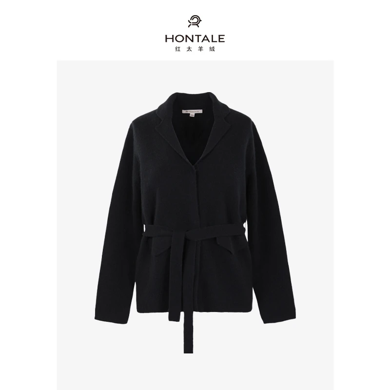 红太翻领气质时尚简约休闲通勤纯色系带女西服111WX533