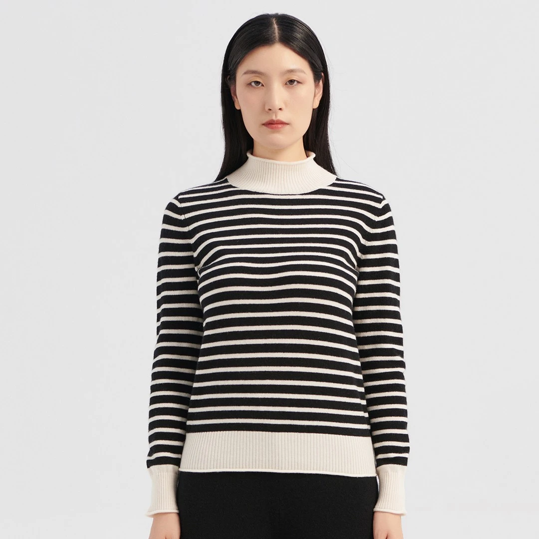 红太舒适条纹秋冬半高领女套衫111WX102女士打底衫中领时尚简约风