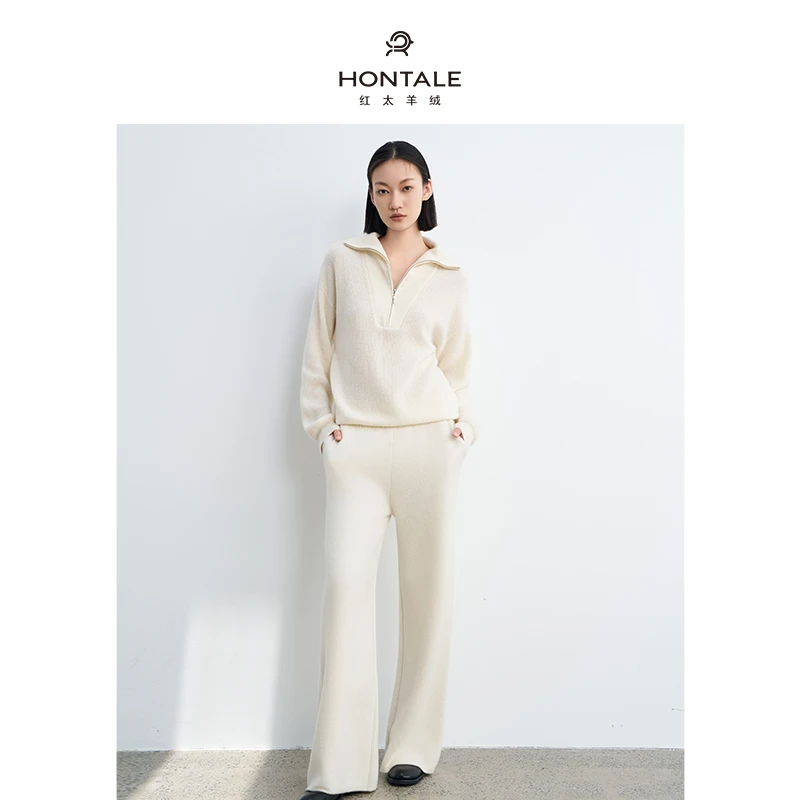 红太[100山羊绒]针织简约休闲女士T恤领半开套衫121MW1070