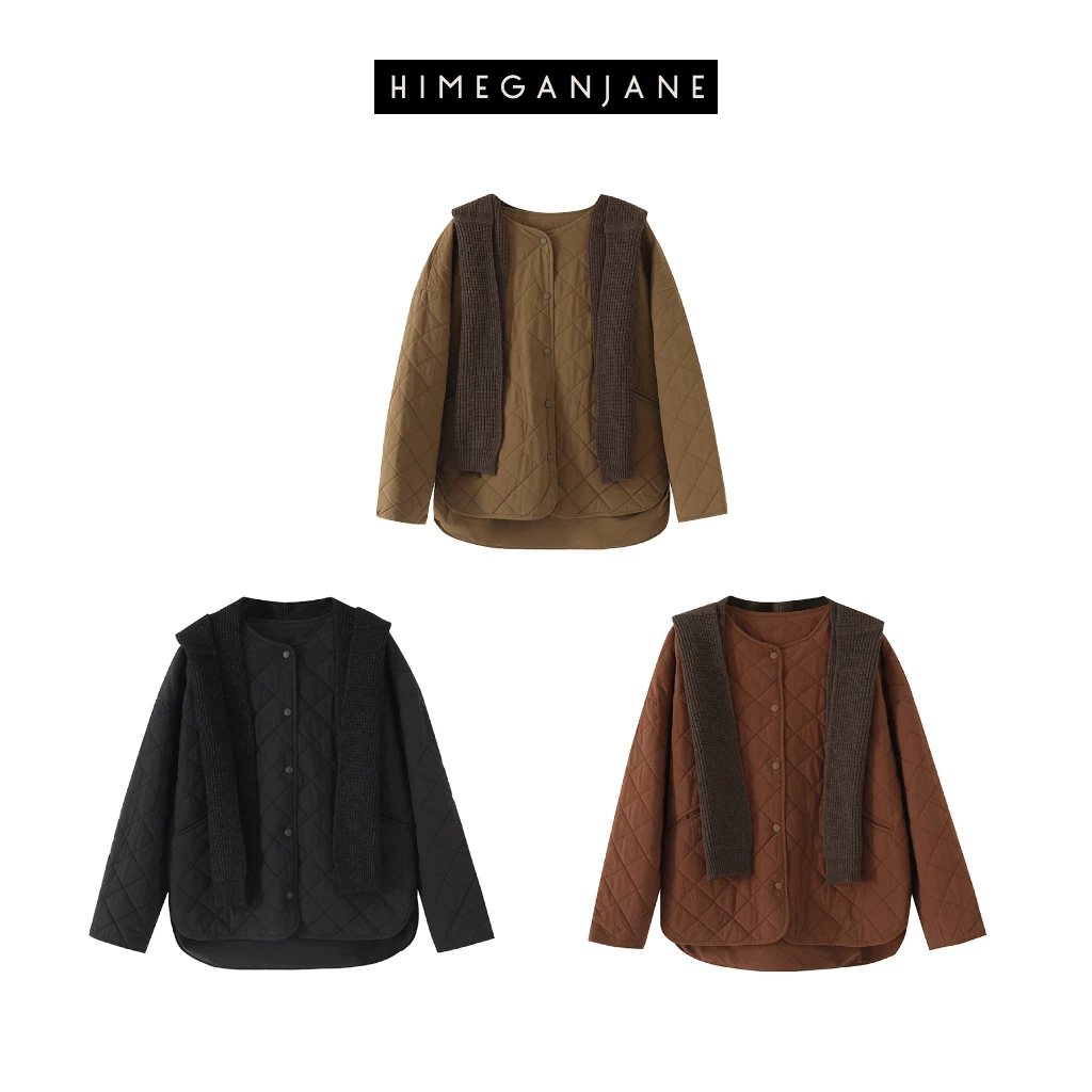 HIMEGANJANE 绗缝菱格可拆卸连帽围巾棉服外套女11566