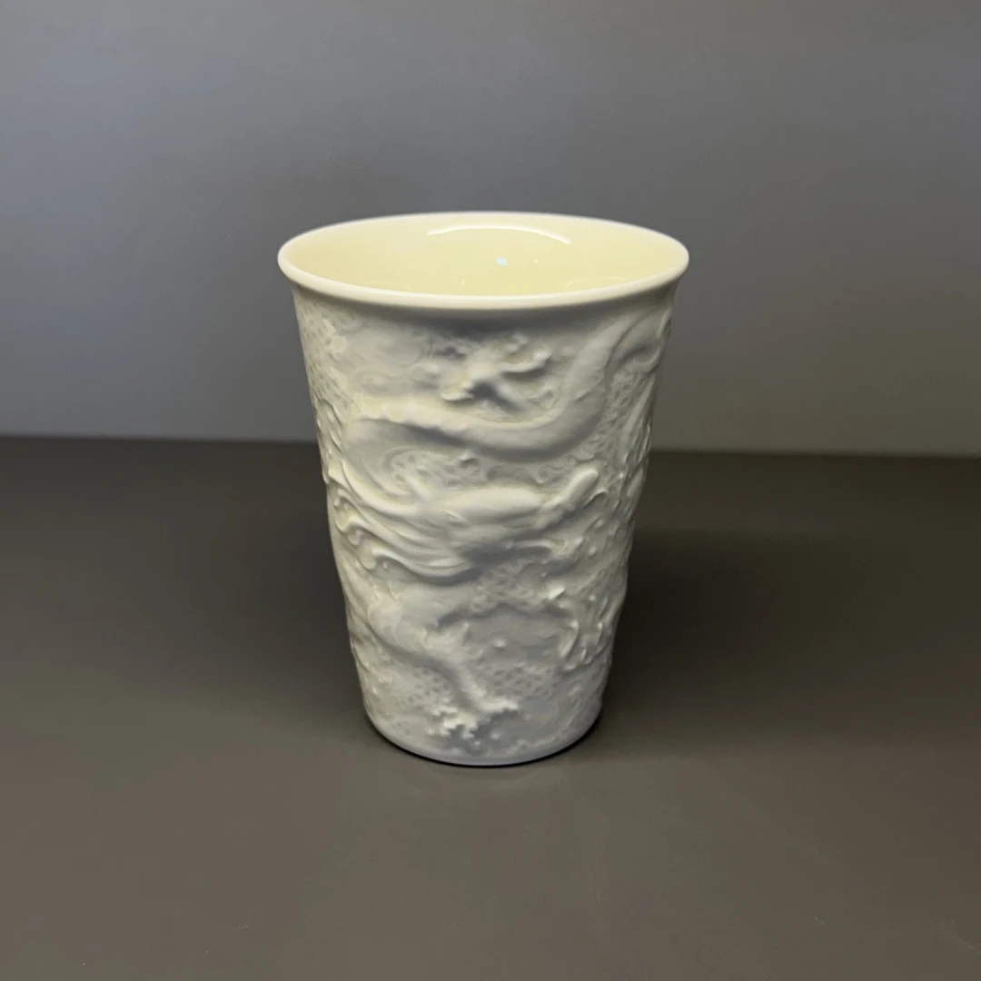 定瓷主人杯、高档茶具茶杯陶瓷云龙可乐杯浮雕、定瓷、定窑五大名窑