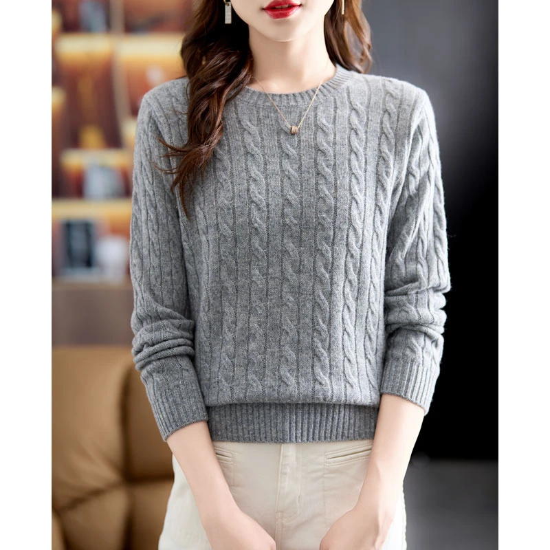 （100%纯羊毛衫）秋冬新款复古麻花羊毛衫女内搭保暖宽松针织打底衫