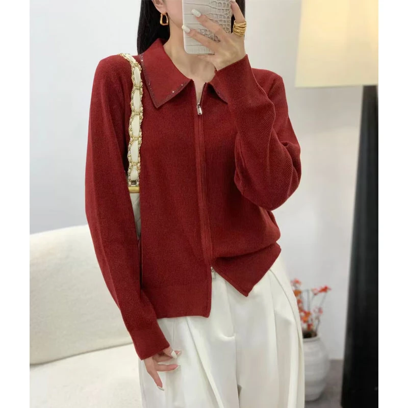 秋装新款翻领镶钻气质百搭拉链针织开衫女外套显瘦精纺羊毛上衣