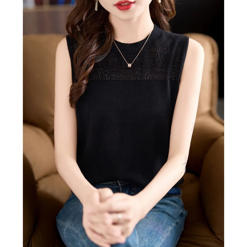 精防细羊毛黑色背心女秋装新款圆领镂空提花时尚百搭内搭打底衫