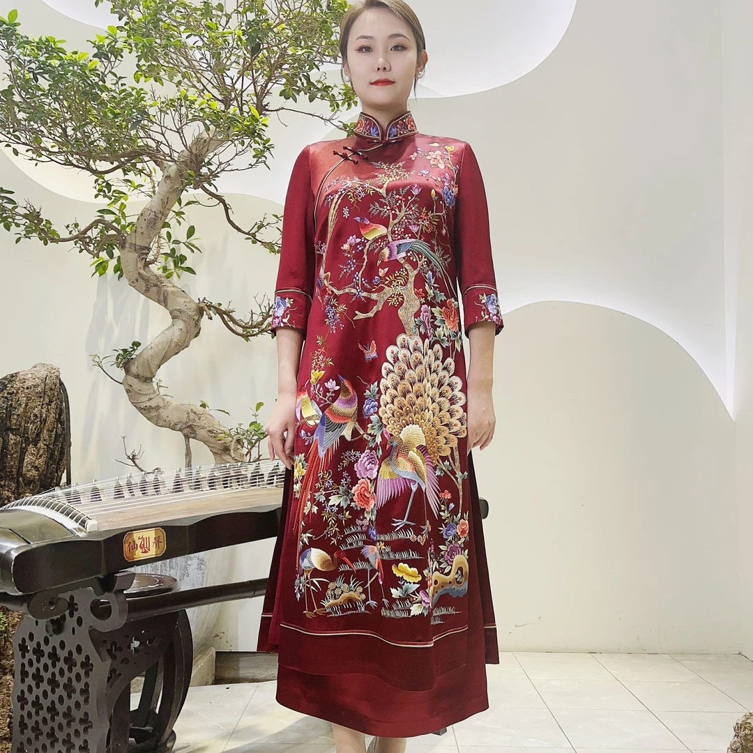 懿菲 百鸟朝凤 手推绣 满工绣 奥贷款 旗袍 YF21363535-3459
