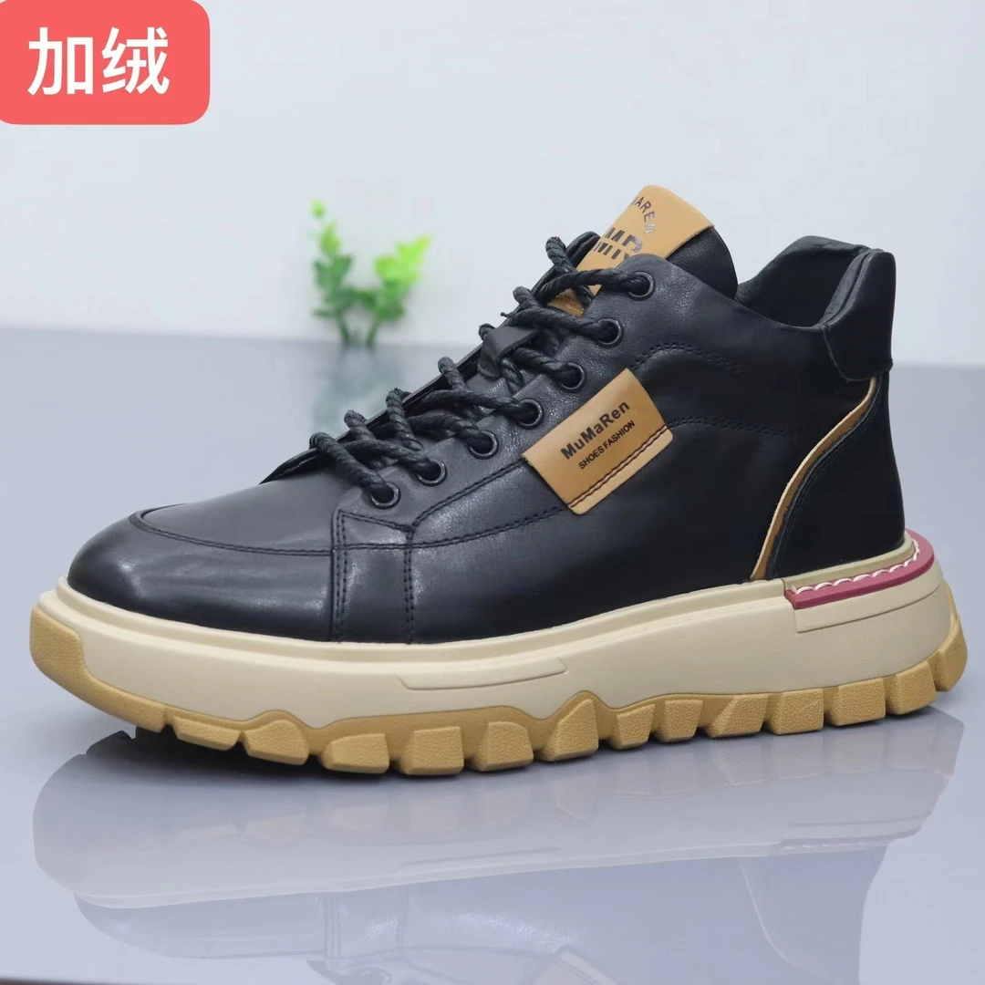 头层牛皮秋冬新款加绒保暖真皮男士高帮时尚黑色休闲鞋百搭男鞋