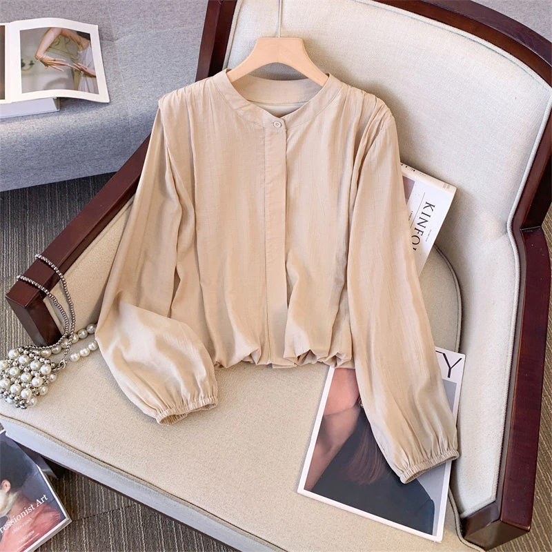 设计感时尚宽松遮肉抽褶显瘦休闲衬衫大码胖MM秋季减龄灯笼袖上衣