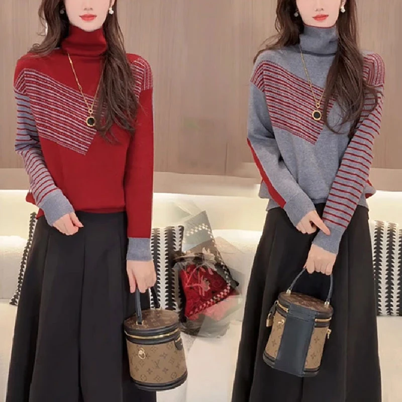 春秋时尚轻奢遮肉百搭两面穿毛衣设计感撞色减龄保暖高领针织小衫