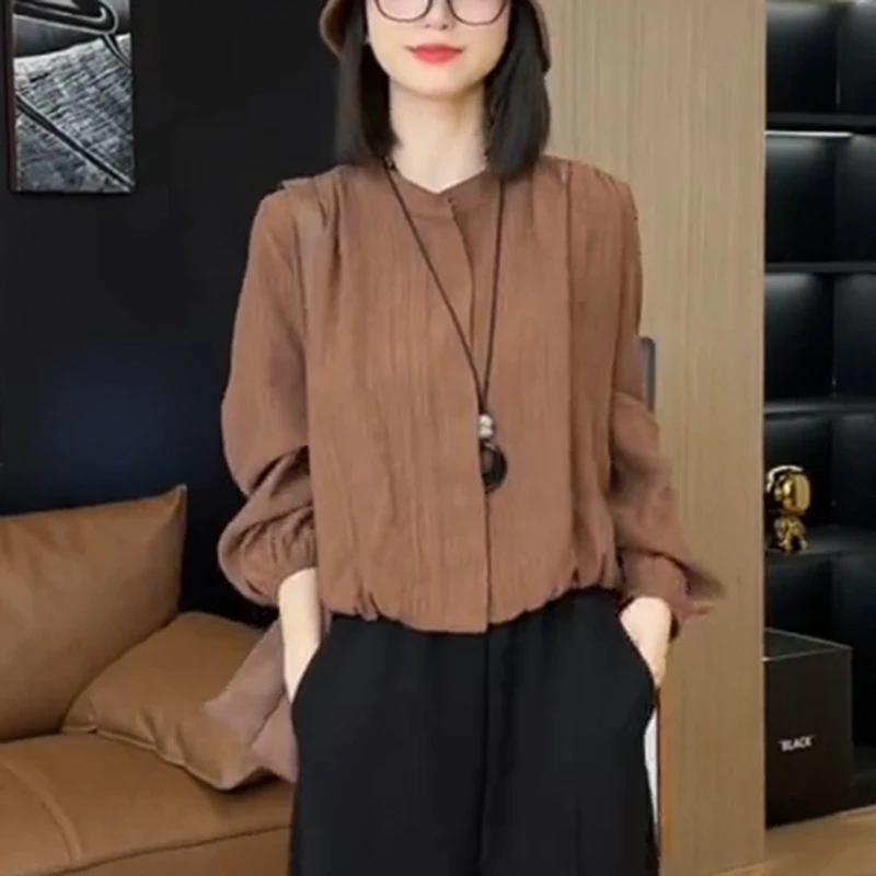 气质时尚宽松显瘦小众抽皱设计长袖衬衫秋季薄款减龄休闲圆领上衣