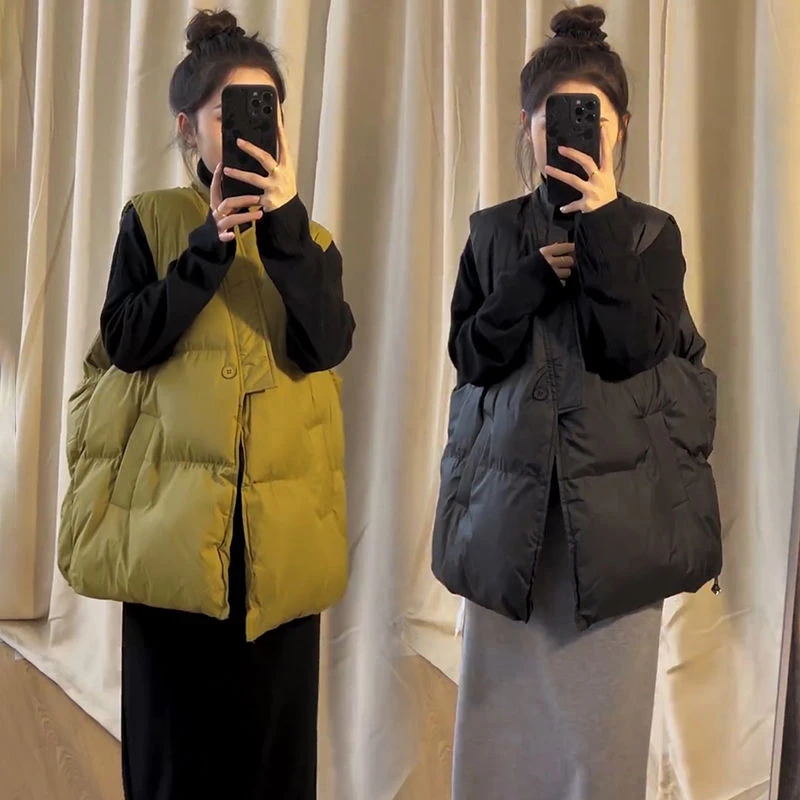 韩版高级感时尚显瘦坎肩马甲秋冬新款一粒扣小众胖MM保暖棉服外套