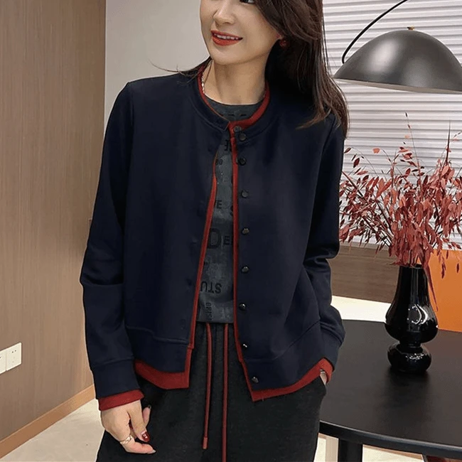 撞色拼接假两件时尚藏蓝色圆领短外套女气质轻奢复古减龄显瘦上衣