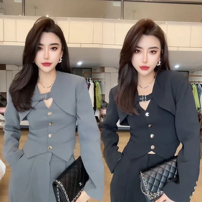 网红同款个性洋气炸街套装女春秋新款V领显瘦马甲+高腰长裤三件套