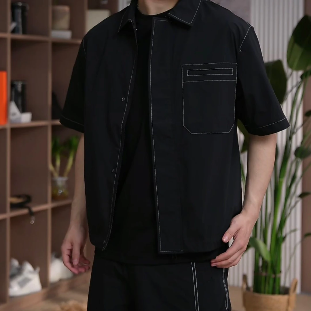 3093890男装美式潮流复古百搭宽松休闲工装水洗短袖外套衬衫