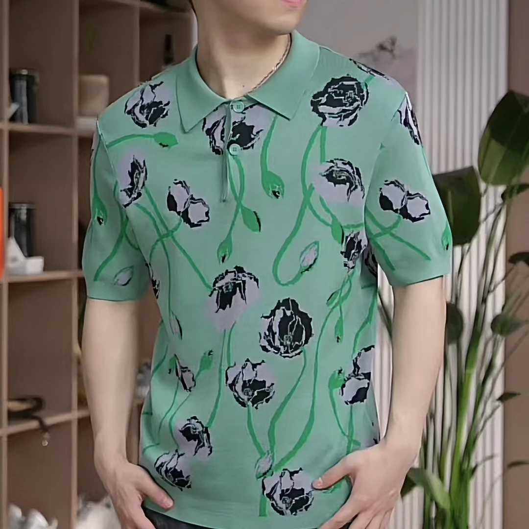 1022250夏季男装新款复古简约翻领花朵针织修身POLO衫上衣