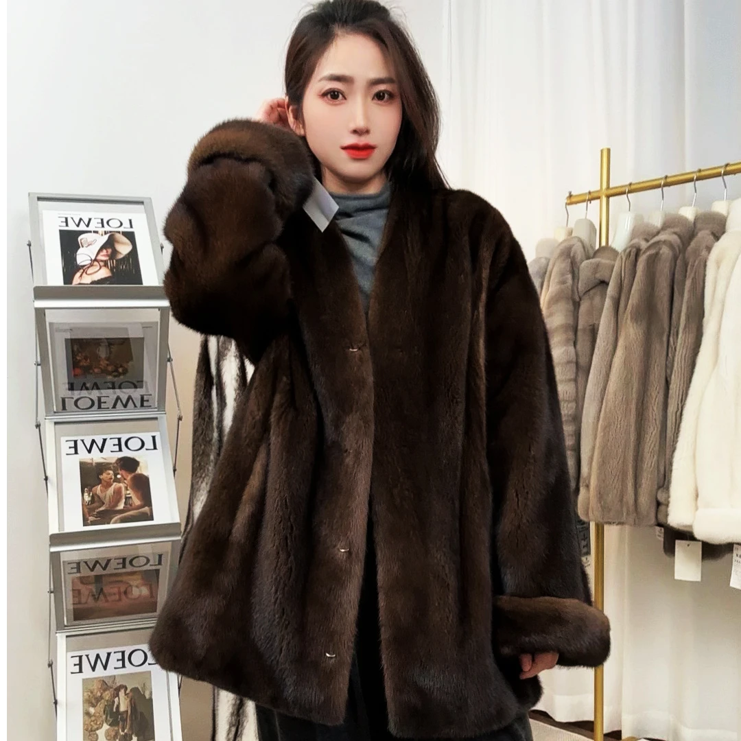 【工厂直销】进口天鹅绒整貂中长款V领休闲水貂皮草女挽袖貂皮外套