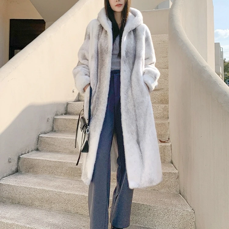 【工厂直销】进口天鹅绒长款过膝貂皮大衣女整貂连帽冬季水貂皮草
