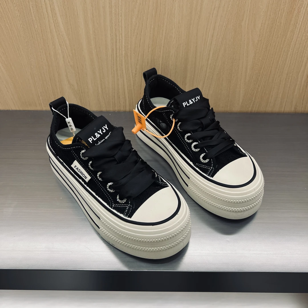 2024新款低帮帆布鞋女刺绣欧美休闲百搭厚底板鞋透气单鞋