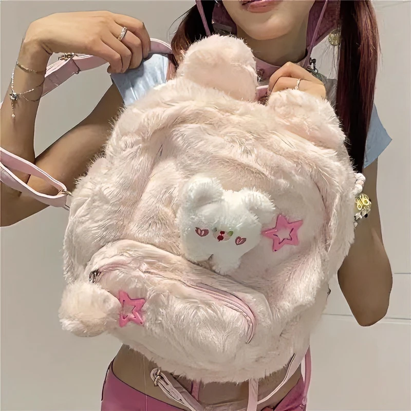 甜妹粉色迷你书包可爱少女毛绒背包小怪兽秋冬毛毛双肩包女冬季