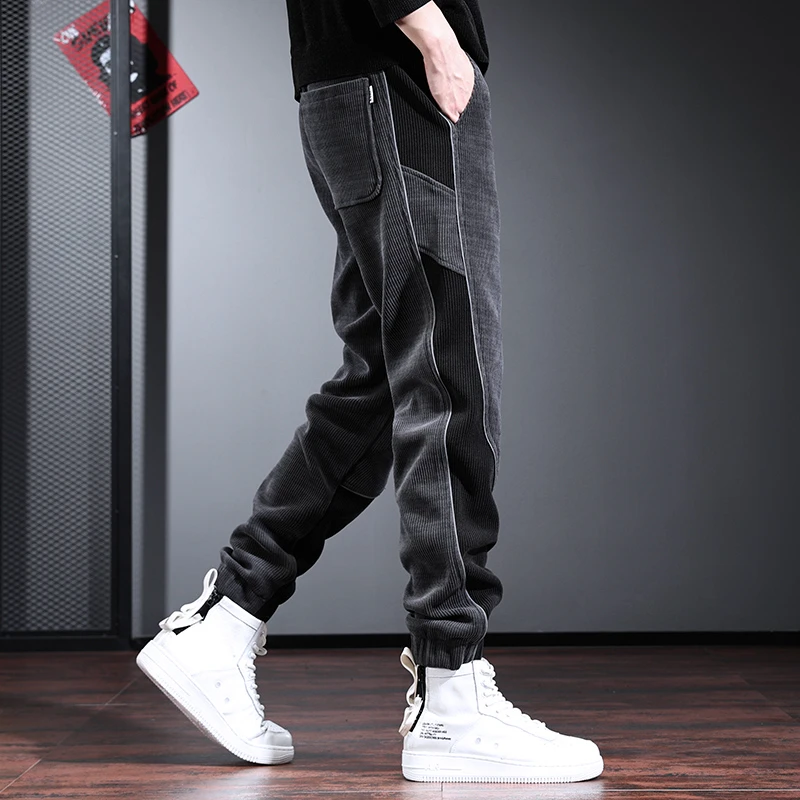重磅休闲裤男秋冬季灯芯绒运动卫裤设计感小众痞帅百搭哈伦裤潮牌