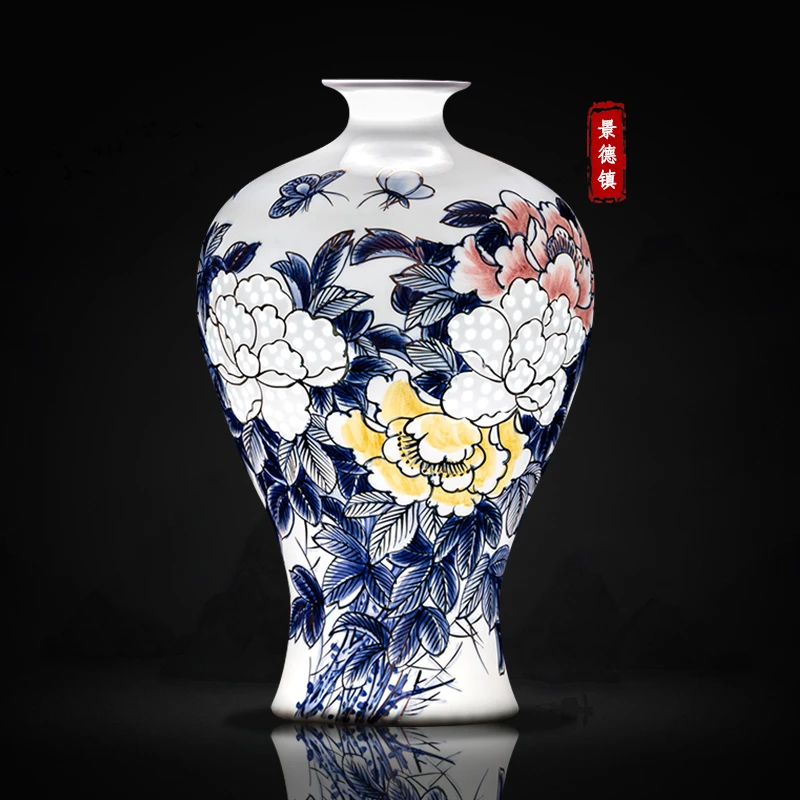 景德镇陶瓷高档手绘花开富贵青花瓷花瓶方瓶玄关博古架摆件装饰品