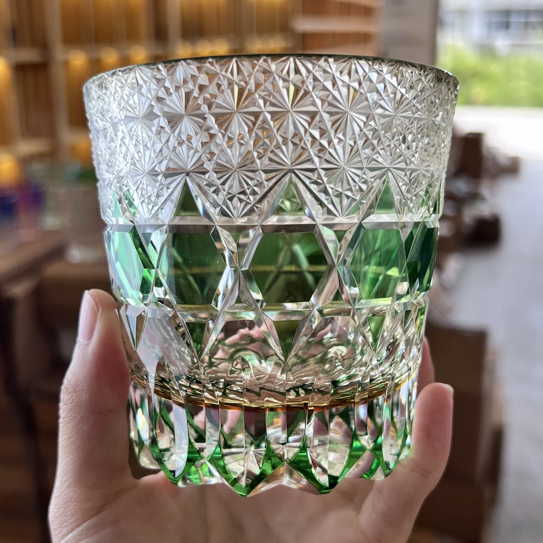 江户切子手工雕刻玻璃杯水晶玻璃琥珀色洋酒杯欧式