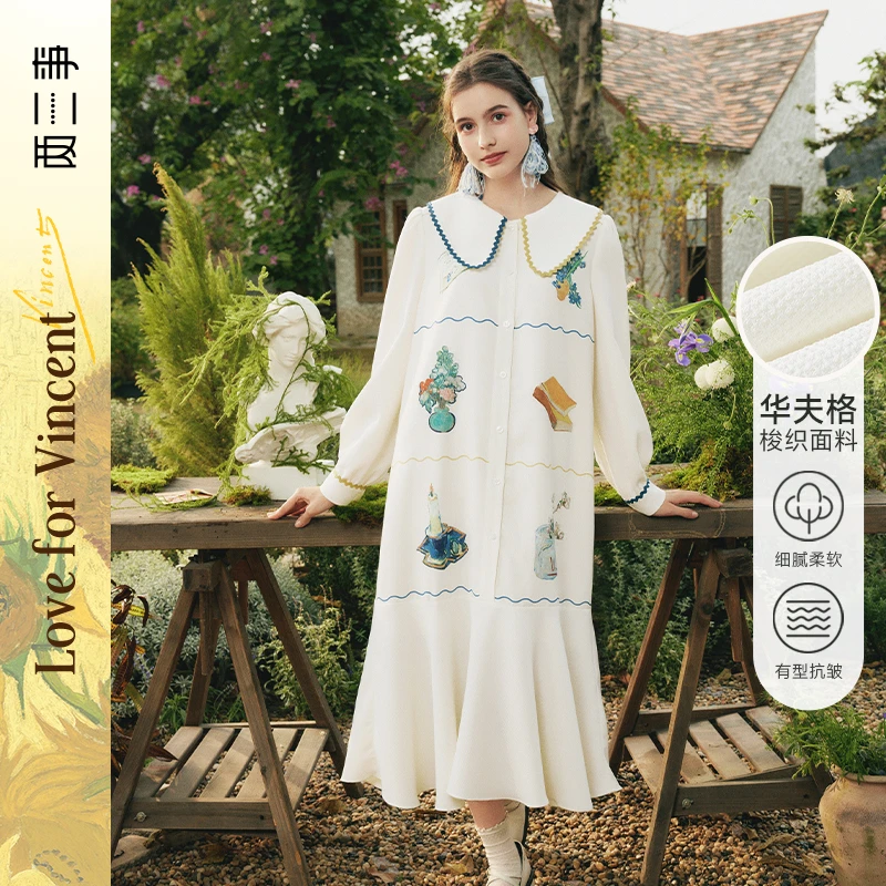 两三事梵高文艺邮梦人2023冬季新款油画印花撞色织带翻领连衣裙