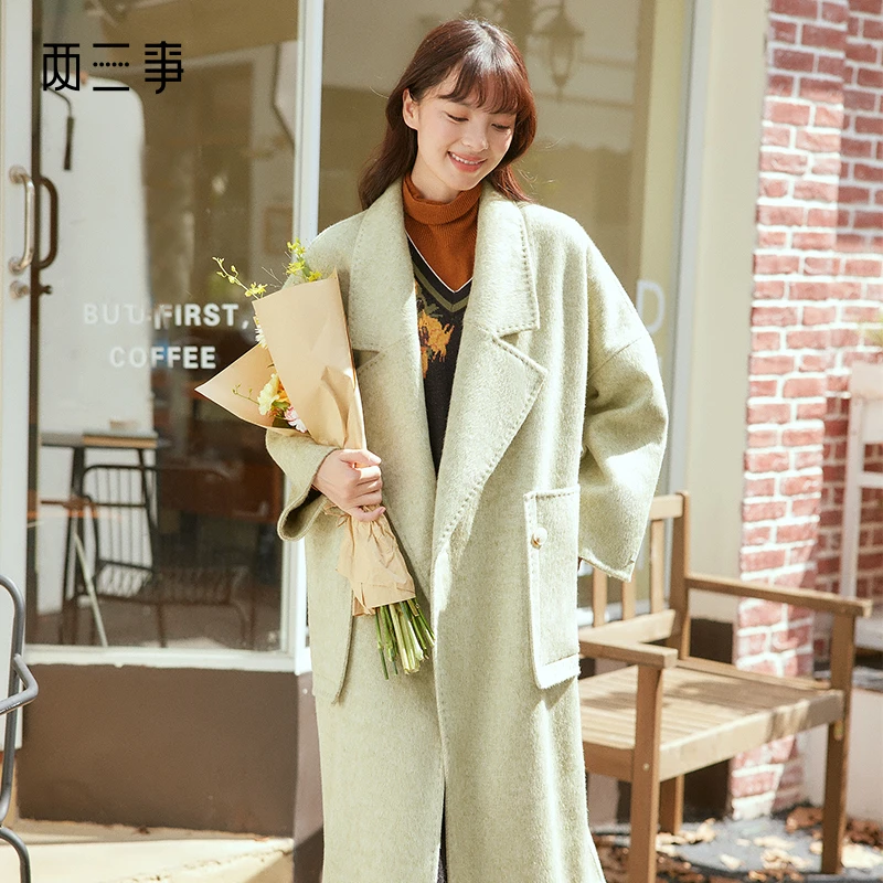 两三事老友记2023冬季新款简约翻领气质毛呢外套保暖女宽松呢大衣