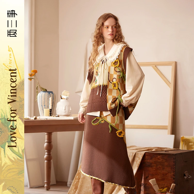 两三事梵高文艺脱轨而生2023冬季新款立体向日葵不对称针织半身裙