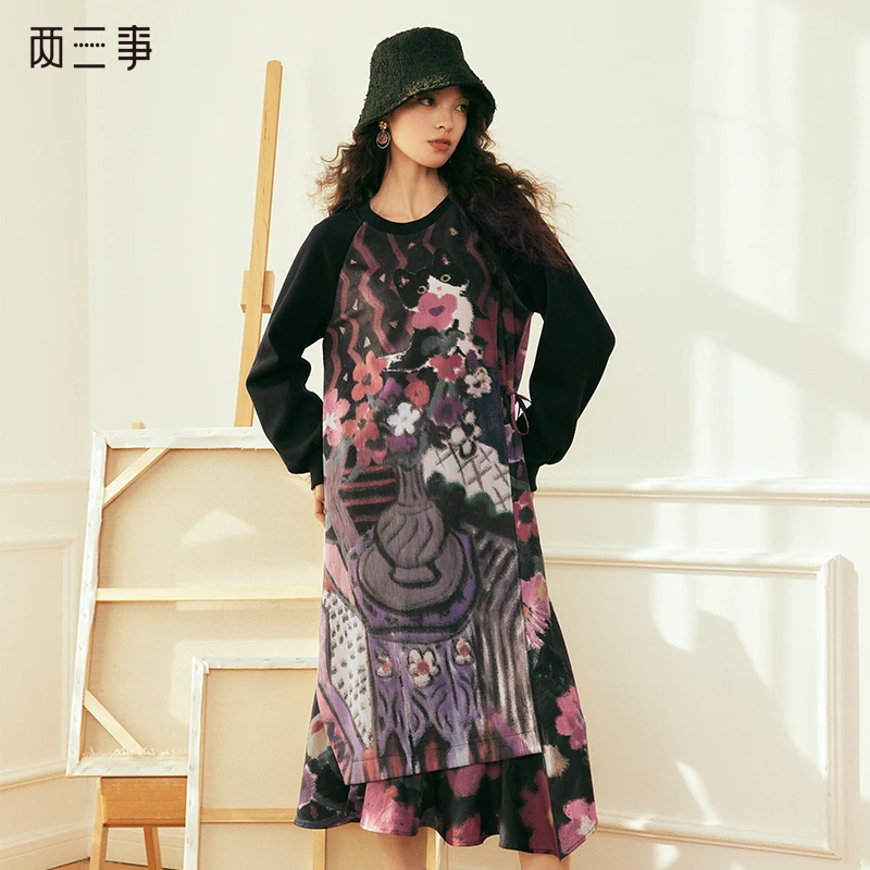 两三事幻想集2023冬季新款猫咪印花拼接灯笼袖时尚长袖宽松连衣裙
