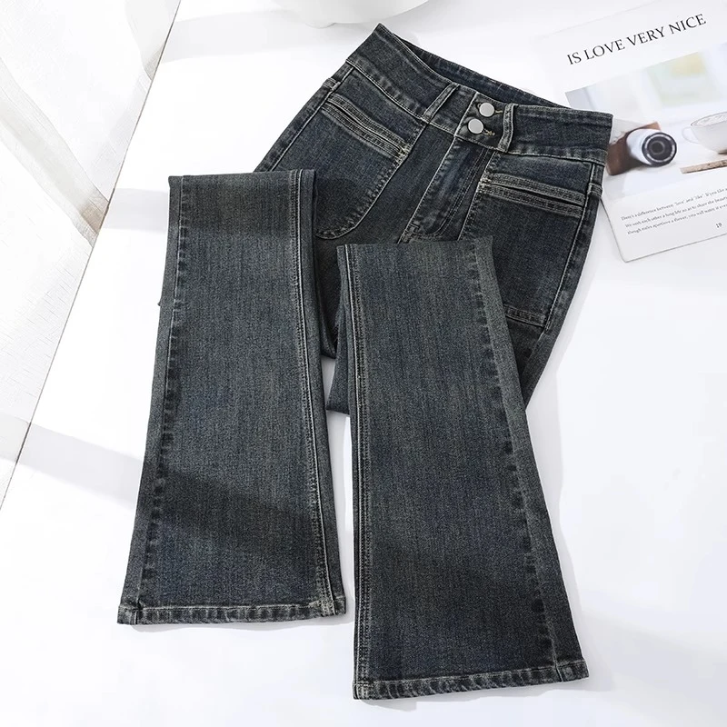 水泥灰加绒微喇牛仔裤女2025春秋新款高腰显瘦小个子黑色喇叭裤子
