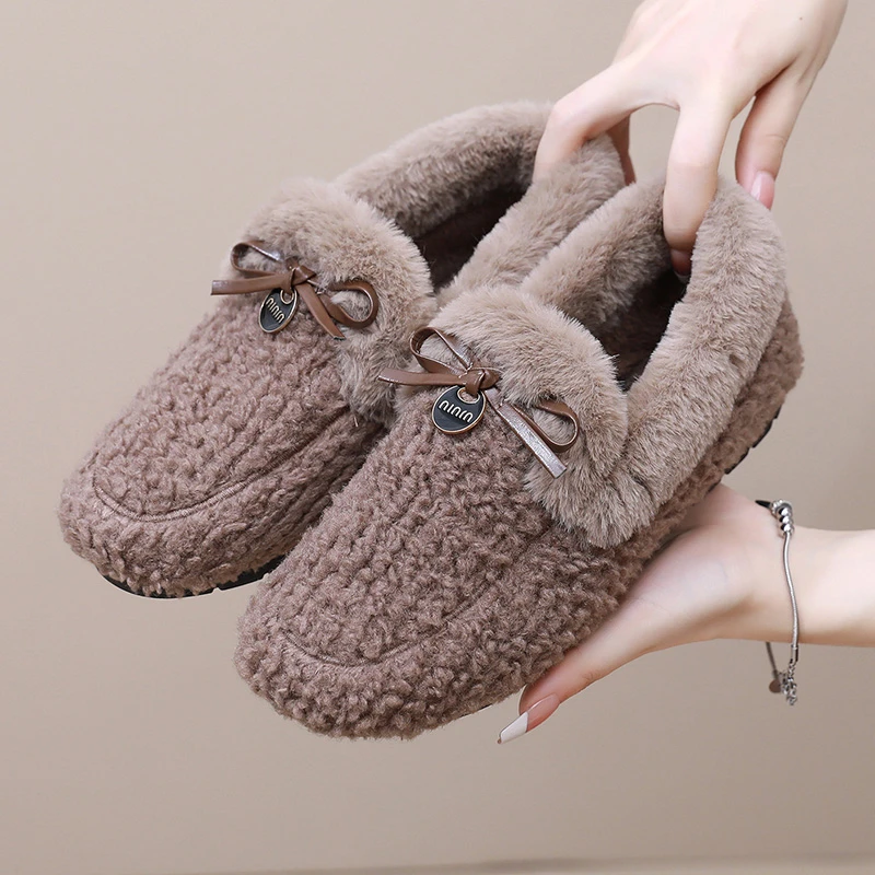 冬季加绒豆豆鞋外穿百搭加绒保暖软底防滑毛毛鞋女鞋一脚蹬妈妈鞋