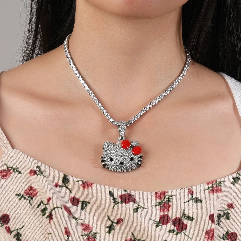 铜合金合成锆石吊坠 嘻哈卡通吊坠hellokitty项链