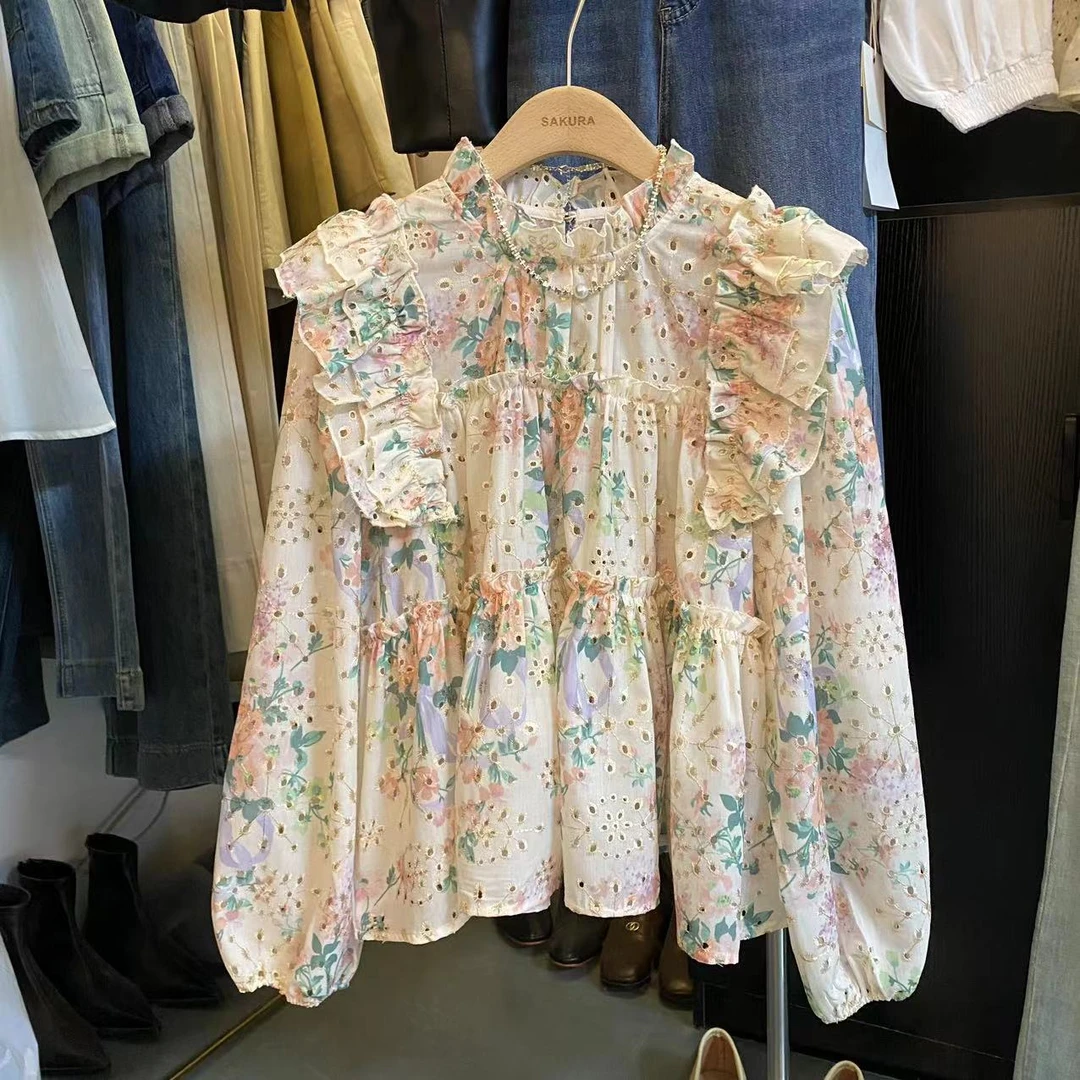 璎婲sᴀᴋᴜʀᴀ【花束离岛】岚春款韩版木耳边拼接娃娃衫甜美碎花衬衫