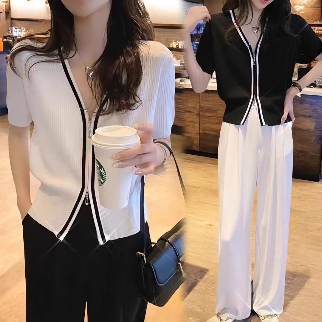 韩版V领双拉链开衫短袖女夏季新款薄款针织t白色短款小衫上衣INS